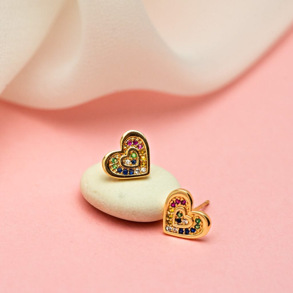 Cercei placați cu aur 18K rainbow heart